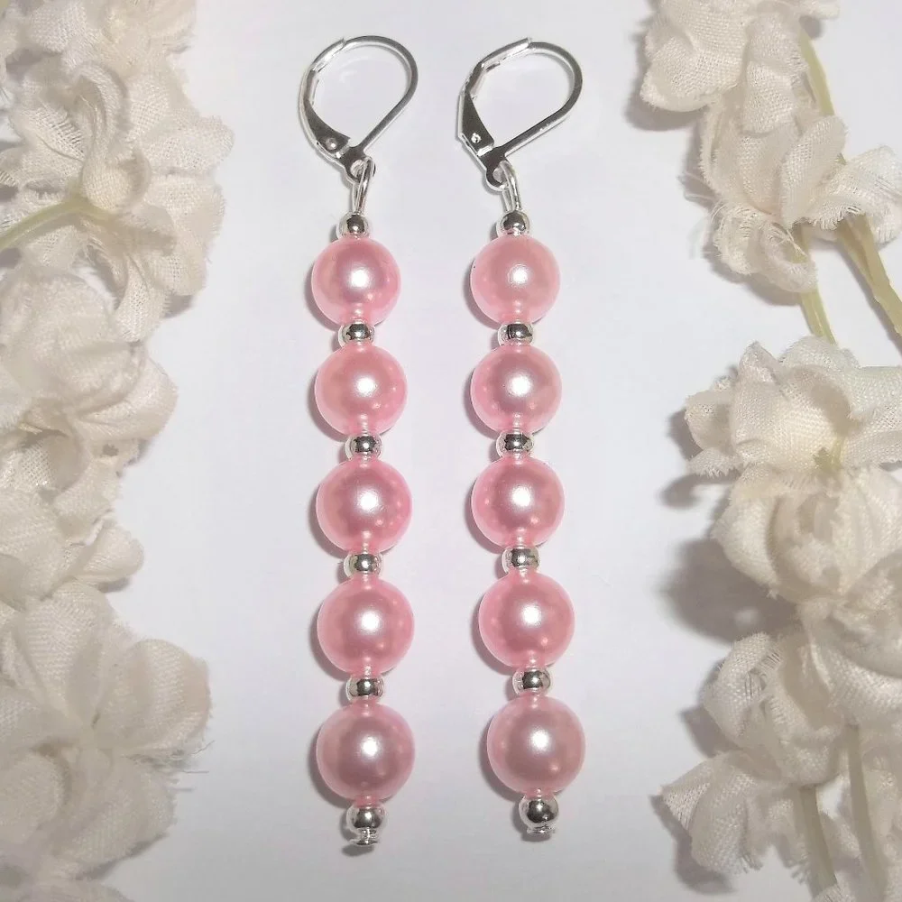 Earrings, Long Pink Earring, Pink Pearl Earrings, Pink Earrings, Earring 7808
